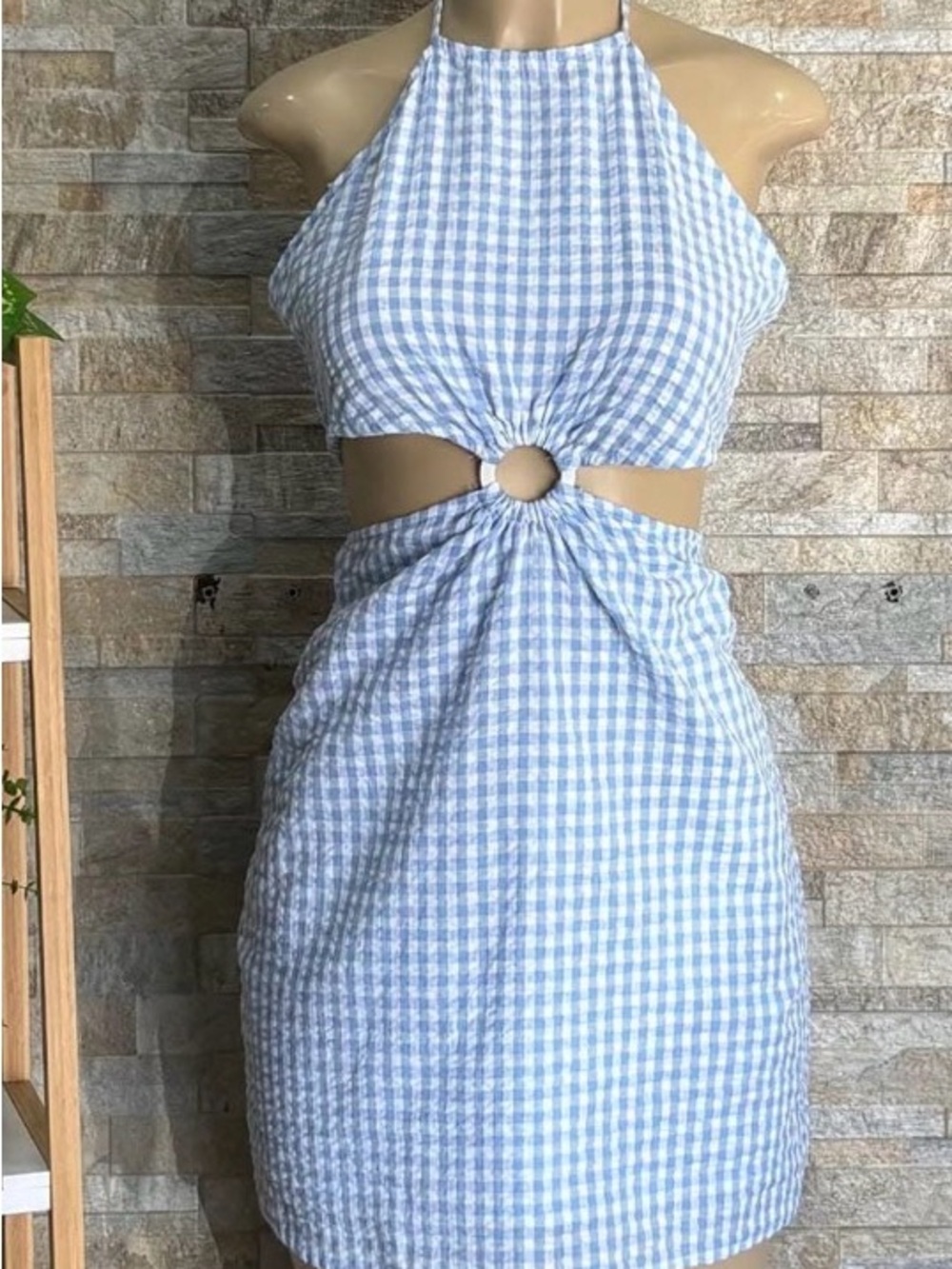 Sim & Sam Gingham Halter Dress With Side Cut Outs Size M Lined